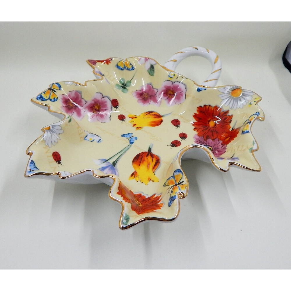 Mayfair Collection By Jay Ceramic Maple Leaf Shaped Floral Dish Nappy Candy Bowl